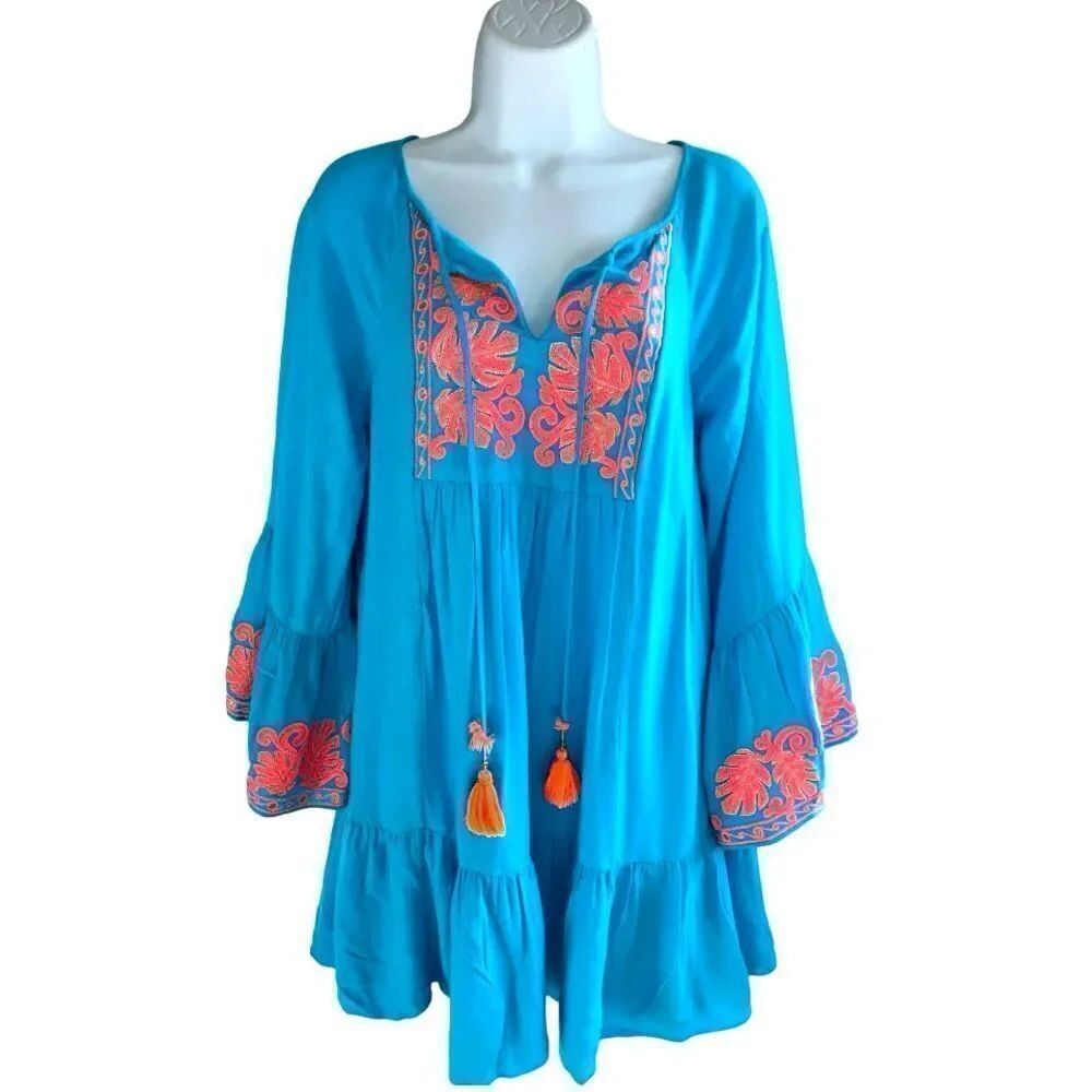 LILLY PULITZER Amisa Tunic Dress Bell Sleeves Blue Embroidered Design Size XS